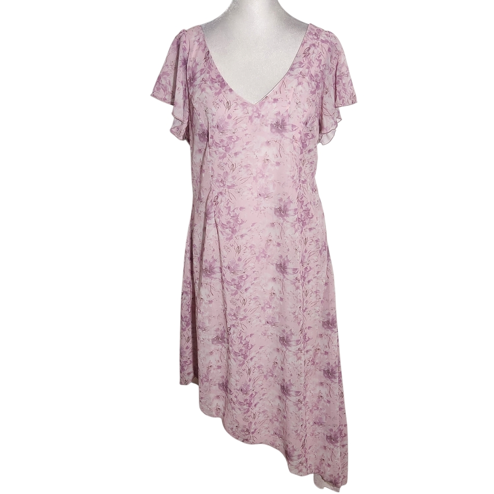 Dizzy Lizzy Asymmetrical Pink Floral Print Dress Size Large Wedding Guest Dress
